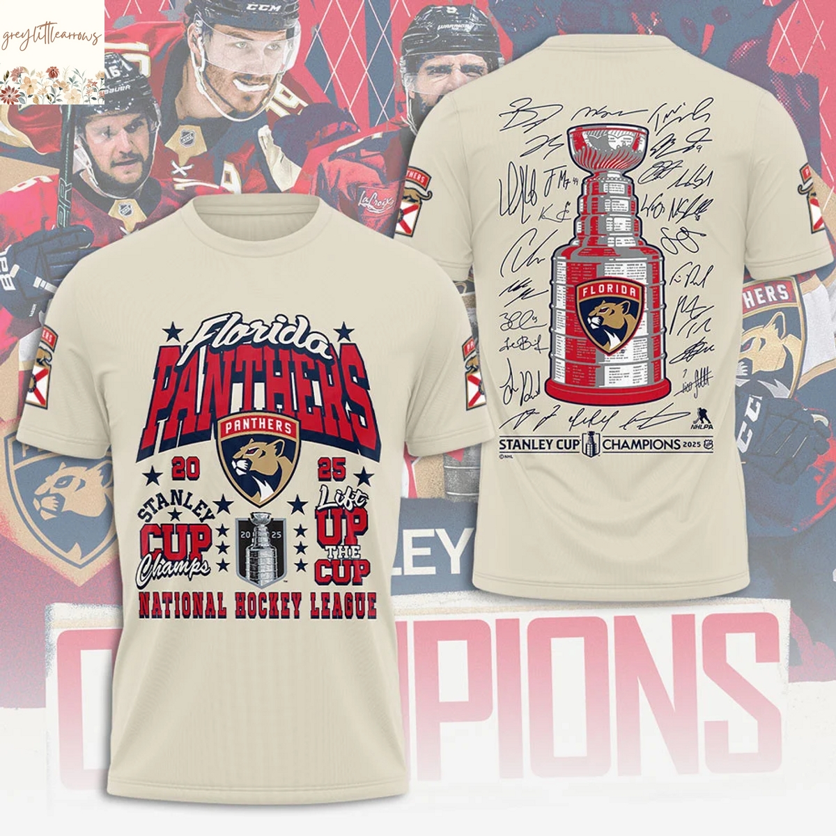 Florida Panthers NHL Stanley Cup 2025 Champions Signature 3D T-Shirt Florida Panthers NHL Stanley Cup 2025 Champions Signature 3D T-Shirt