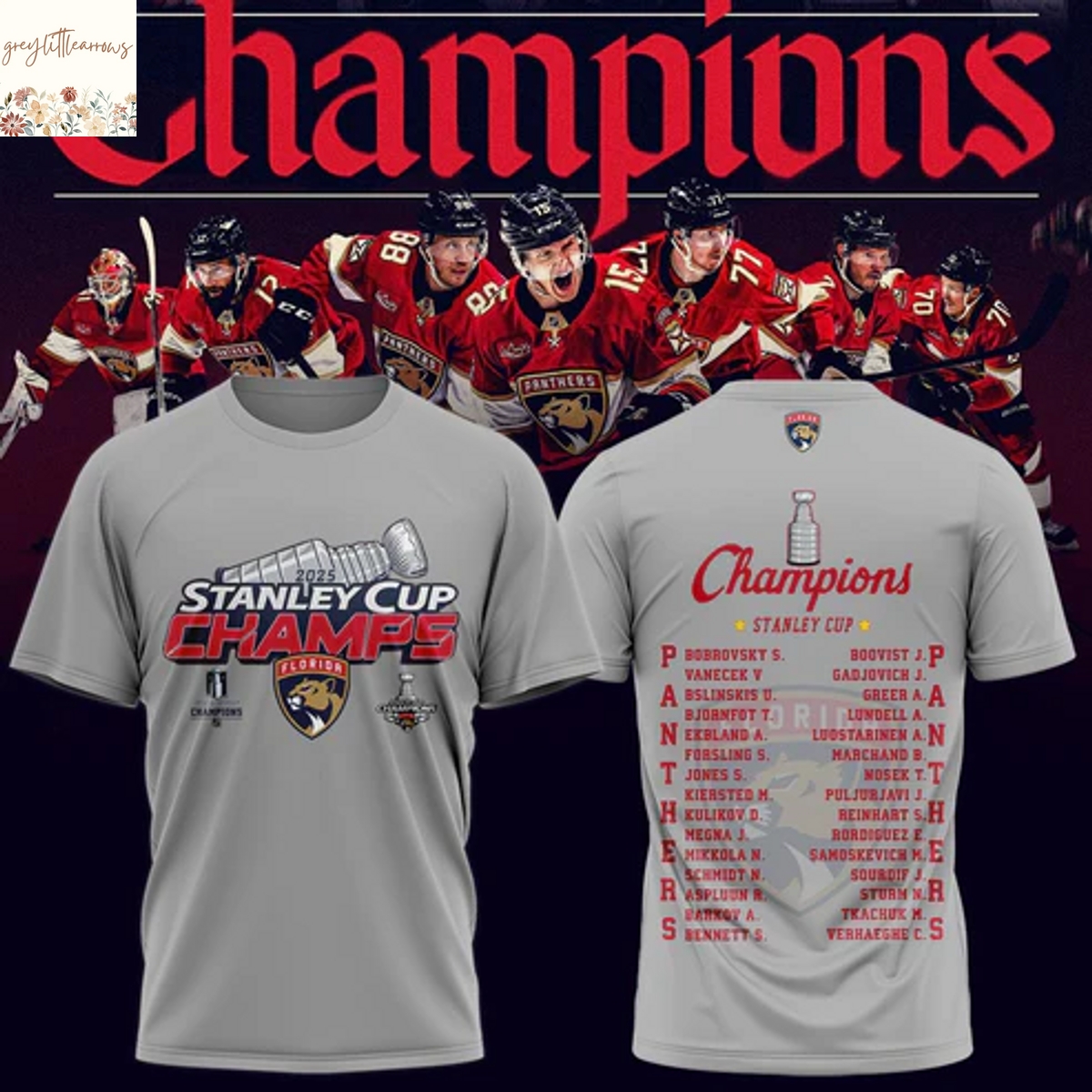 Florida Panthers Stanley Cup Champs 2025 3D T-Shirt - Grey Florida Panthers Stanley Cup Champs 2025 3D T-Shirt - Grey