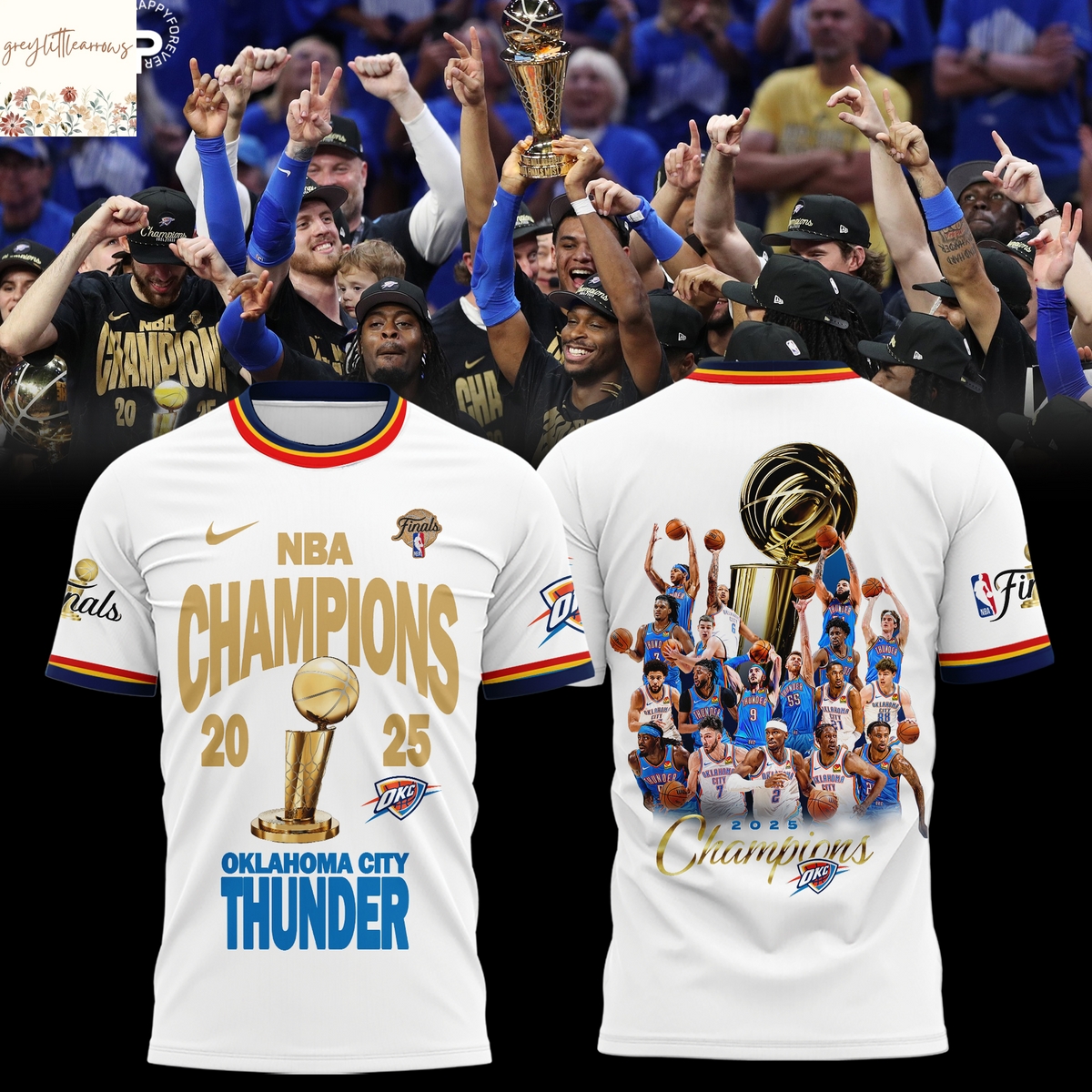 NBA Champions 2025 Oklahoma City Thunder 3D T-Shirt - White NBA Champions 2025 Oklahoma City Thunder 3D T-Shirt - White