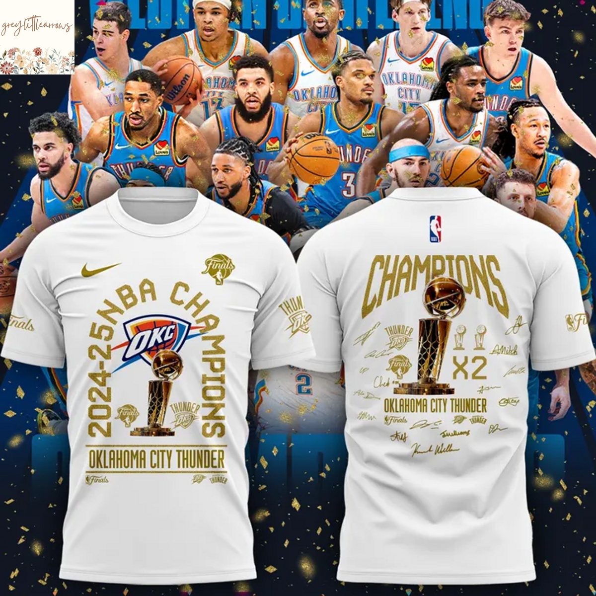 Oklahoma City Thunder Champions X2 2024-2025 Signature 3D T-Shirt Oklahoma City Thunder Champions X2 2024-2025 Signature 3D T-Shirt