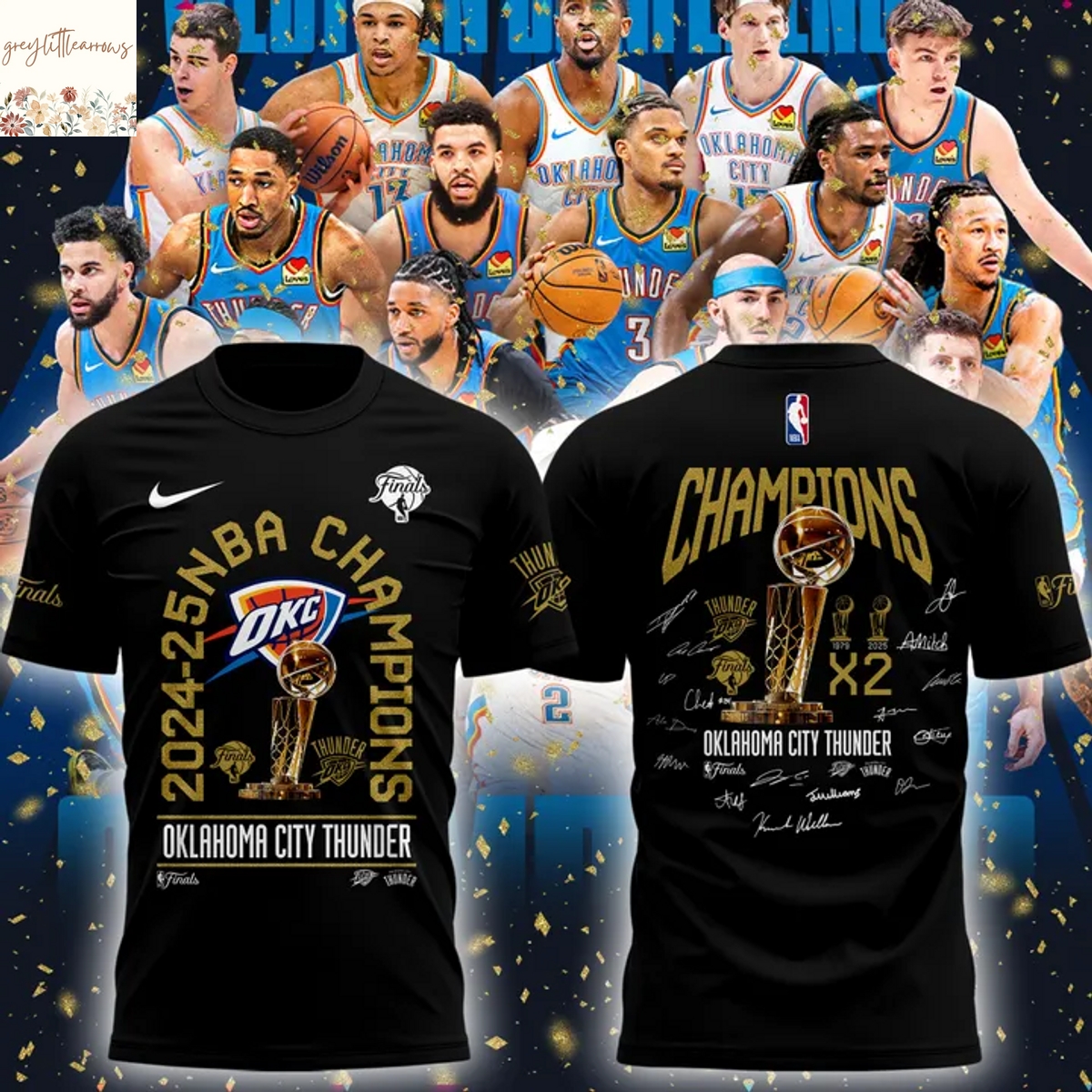 Oklahoma City Thunder Champions X2 2024-2025 Signature 3D T-Shirt - Black Oklahoma City Thunder Champions X2 2024-2025 Signature 3D T-Shirt - Black
