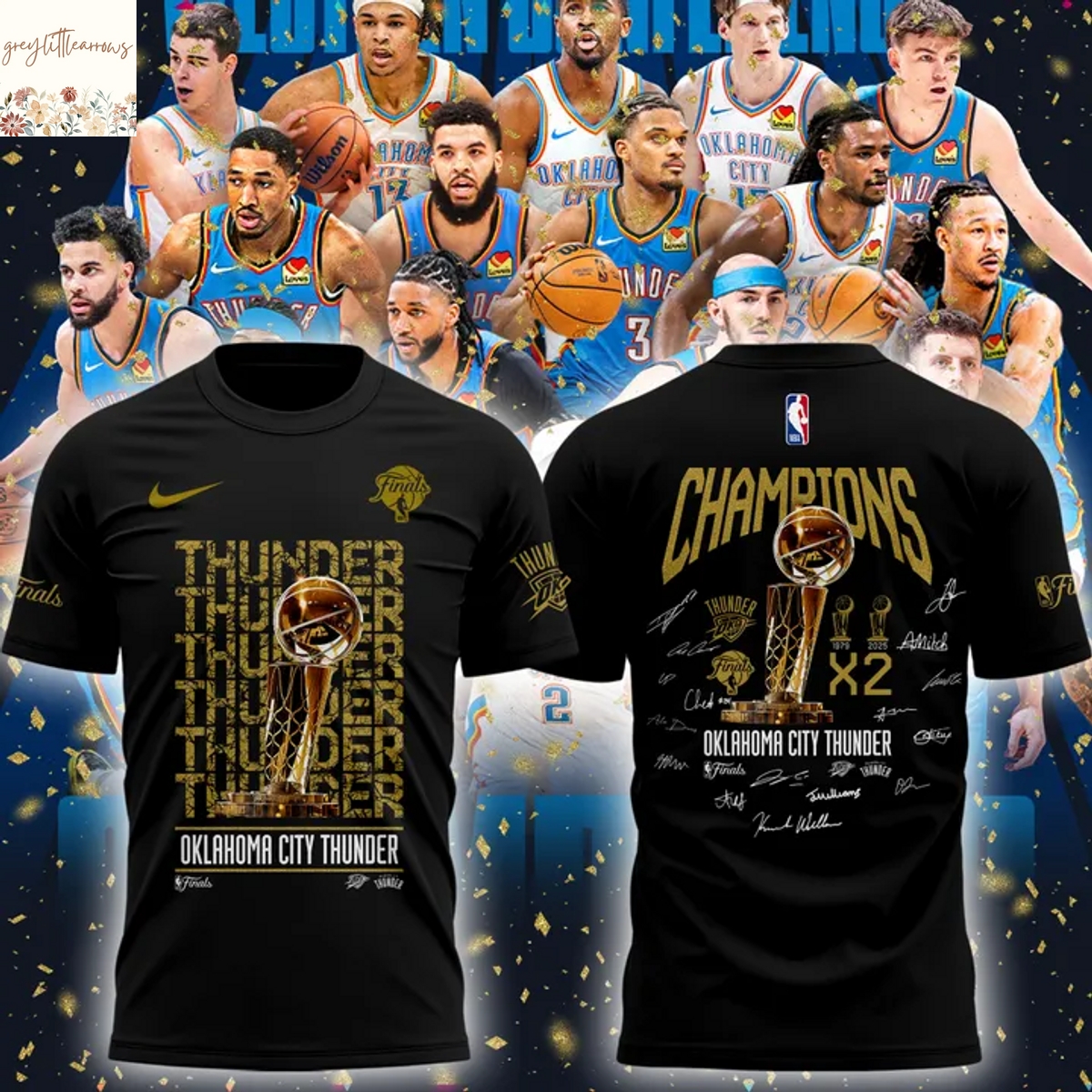 Oklahoma City Thunder Champions X2 2025 Signature 3D T-Shirt - Black Oklahoma City Thunder Champions X2 2025 Signature 3D T-Shirt - Black