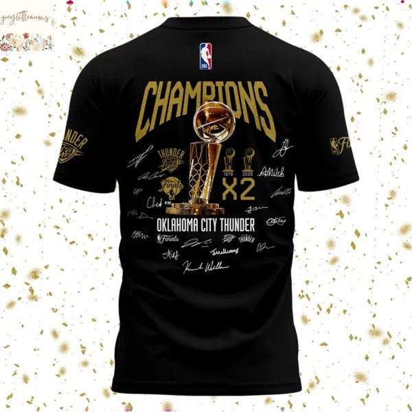 Oklahoma City Thunder Champions X2 2025 Signature 3D T-Shirt – Black