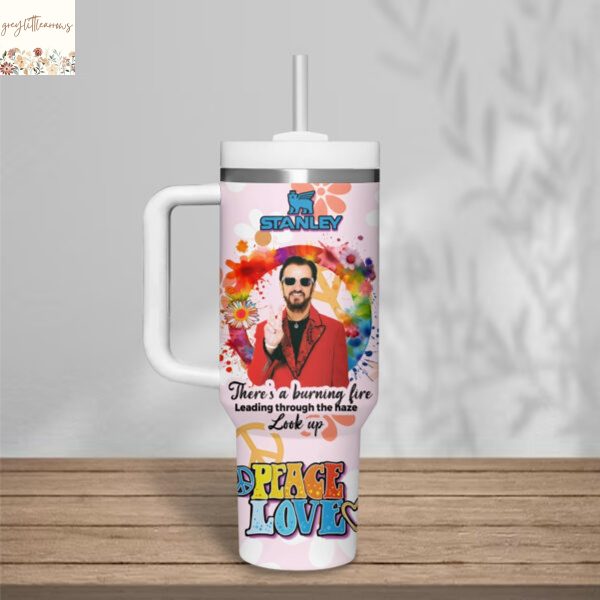 Personalized Ringo Starr Peace And Love Tumbler With Handle And Straw