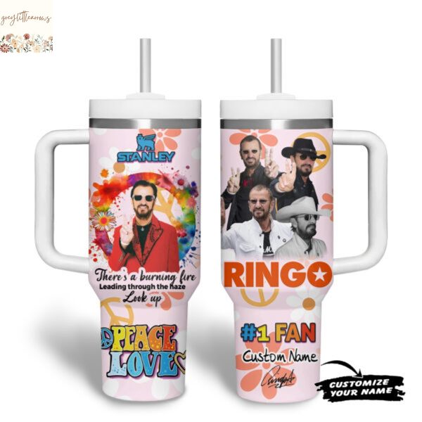 Personalized Ringo Starr Peace And Love Tumbler With Handle And Straw