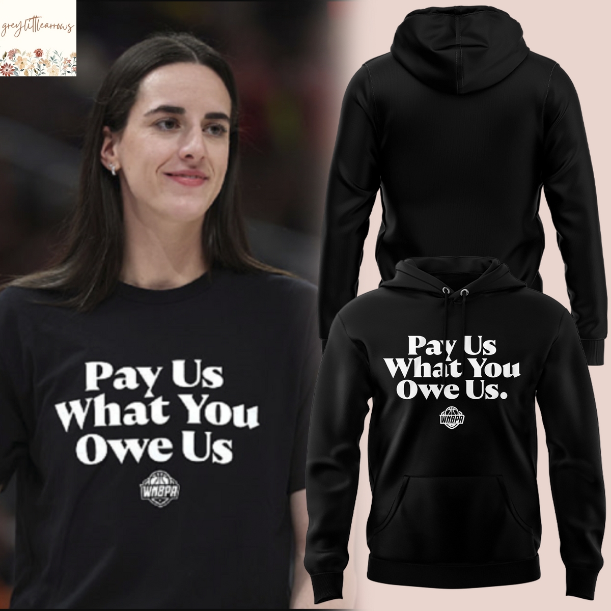 Caitlin Clark Pay Us What You Owe Us WNBA Hoodie - Black Caitlin Clark Pay Us What You Owe Us WNBA Hoodie - Black