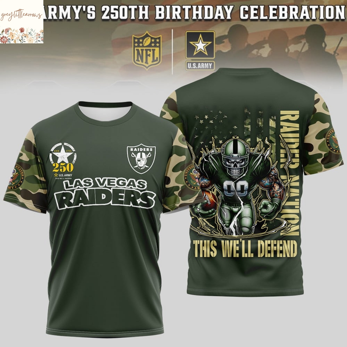Las Vegas Raiders US Army 250th Birthday Celebration 3D T-Shirt Las Vegas Raiders US Army 250th Birthday Celebration 3D T-Shirt