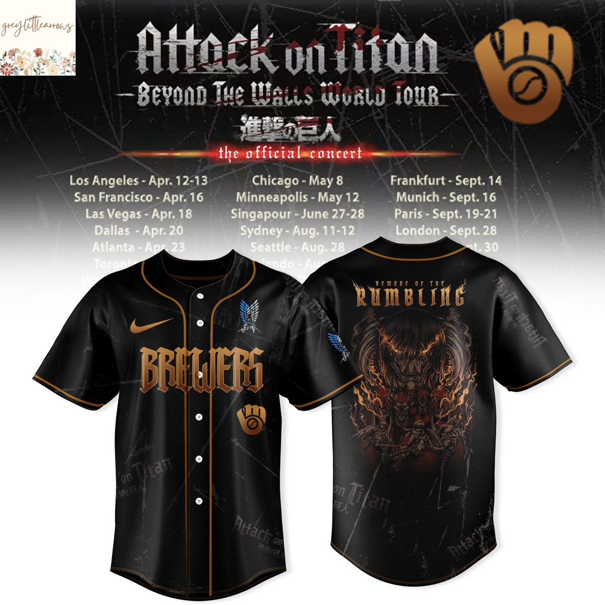 Milwaukee Brewers x Attack On Titan ? Beyond The Walls 2025 World Tour Baseball Jersey Milwaukee Brewers x Attack On Titan ? Beyond The Walls 2025 World Tour Baseball Jersey