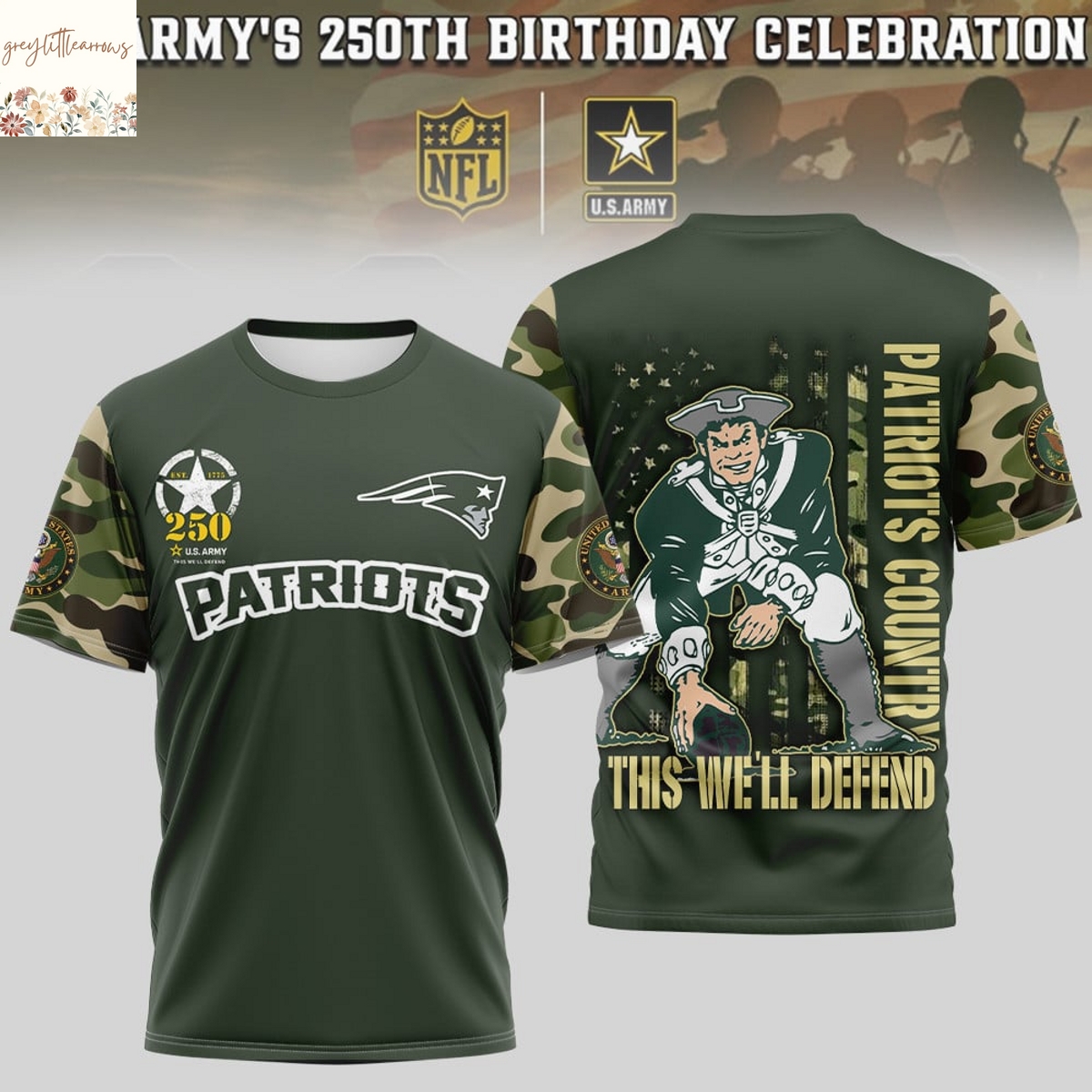 New England Patriots US Army 250th Birthday Celebration 3D T-Shirt New England Patriots US Army 250th Birthday Celebration 3D T-Shirt