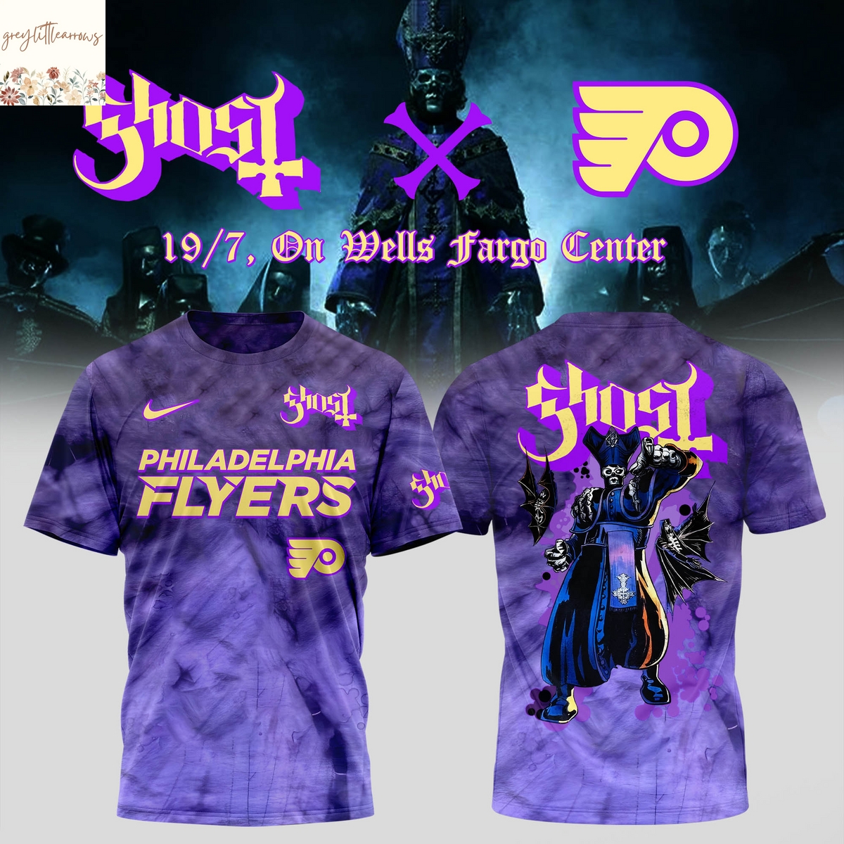 Philadelphia Flyers x Ghost Band World Tour 2025 3D T-Shirt - Purple Philadelphia Flyers x Ghost Band World Tour 2025 3D T-Shirt - Purple