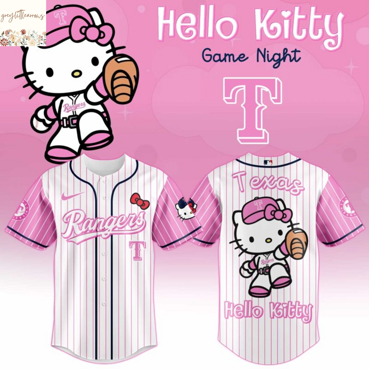 Texas Rangers x Hello Kitty Pink Baseball Jersey Texas Rangers x Hello Kitty Pink Baseball Jersey