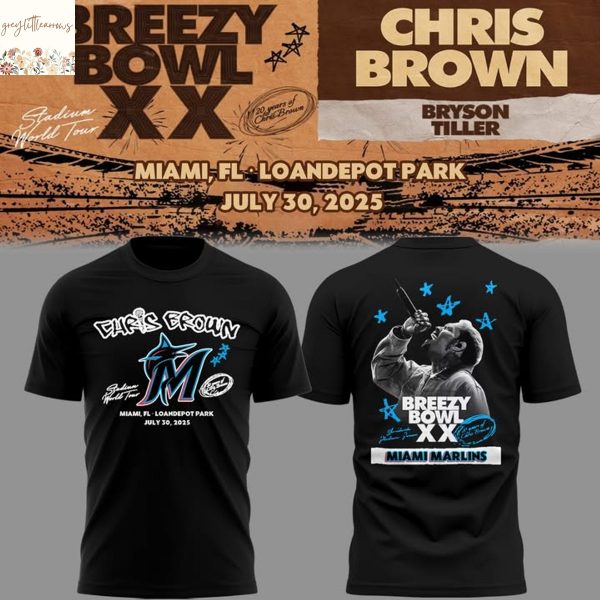 Miami Marlins Chris Brown Breezy Bowl XX 2025 Tour 3D T-Shirt – Black