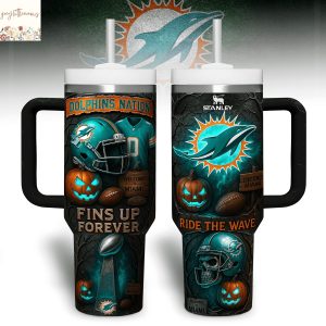 Miami Dolphins Fins Up Forever Ride The Wave Tumbler With Handle And Straw