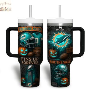 Miami Dolphins Fins Up Forever Ride The Wave Tumbler With Handle And Straw