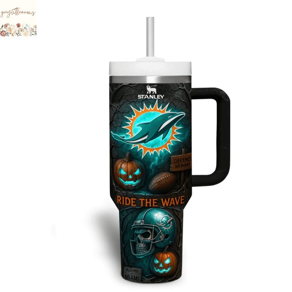 Miami Dolphins Fins Up Forever Ride The Wave Tumbler With Handle And Straw