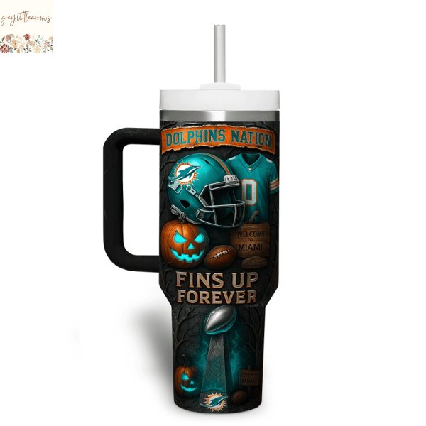 Miami Dolphins Fins Up Forever Ride The Wave Tumbler With Handle And Straw