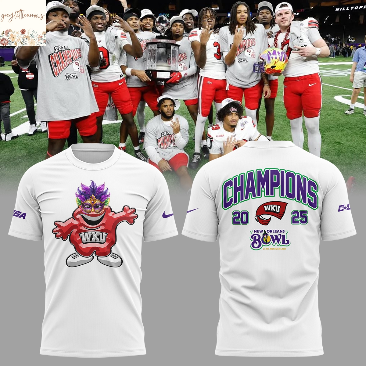 Western Kentucky Hilltoppers 2025 New Orleans Bowl Champions White 3D T-Shirt Western Kentucky Hilltoppers 2025 New Orleans Bowl Champions White 3D T-Shirt