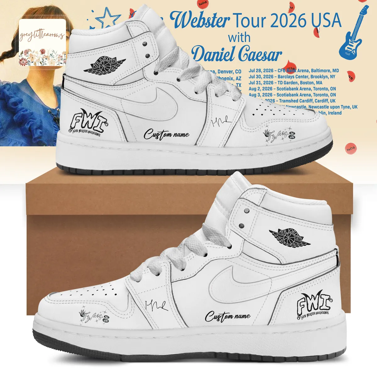 Faye Webster & Daniel Caesar 2026 Tour Personalized Air Jordan 1 High Top Faye Webster & Daniel Caesar 2026 Tour Personalized Air Jordan 1 High Top