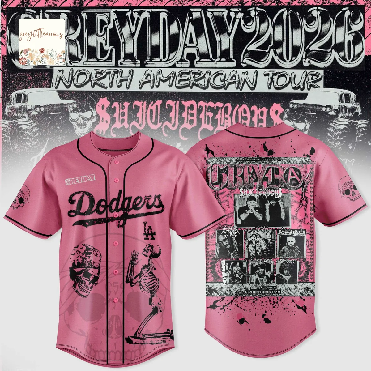 Los Angeles Dodgers x $UICIDEBOY$ Greyday 2026 Pink Chaos Baseball Jersey Los Angeles Dodgers x $UICIDEBOY$ Greyday 2026 Pink Chaos Baseball Jersey