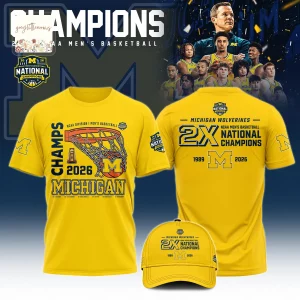 Michigan Wolverines 2026 NCAA Basketball 2X National Champions Gold 3D T-Shirt