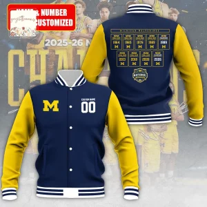 Michigan Wolverines Personalized Men’s Basketball 2026 Champs Baseball Jacket