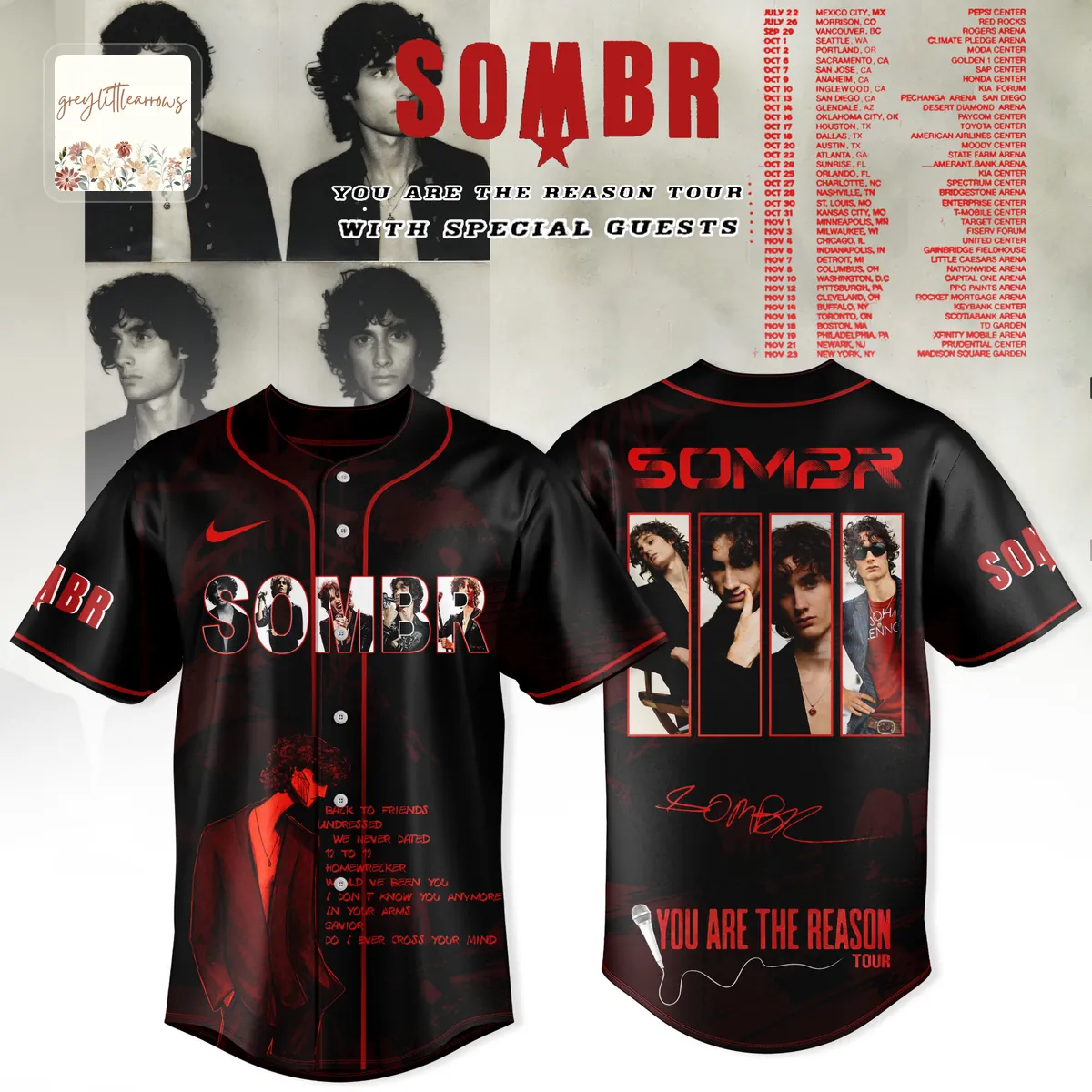 SOMBR You Are The Reason Tour Black Red Band Photo Baseball Jersey SOMBR You Are The Reason Tour Black Red Band Photo Baseball Jersey
