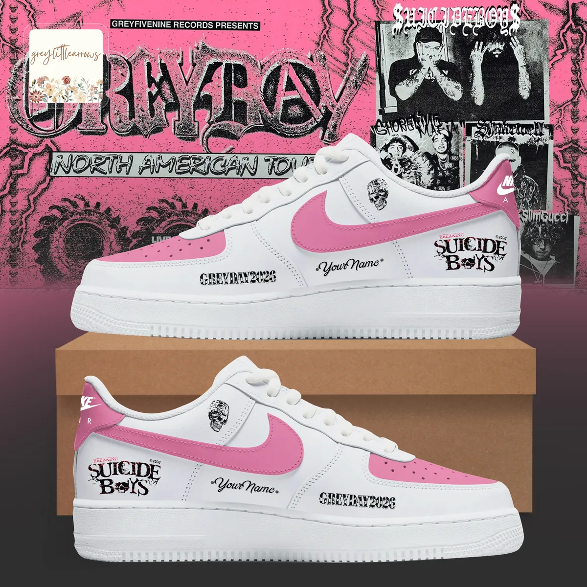 $uicideBoy$ GREYDAY 2026 Personalized Pink Air Force 1 Sneakers $uicideBoy$ GREYDAY 2026 Personalized Pink Air Force 1 Sneakers